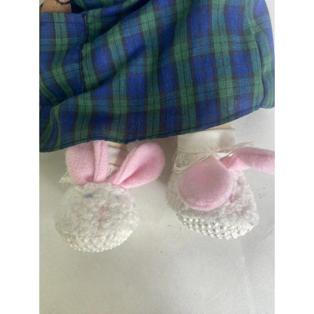 Eden Madeline Rag Plush Doll Green Plaid Pajama Dress with Bunny Slippers